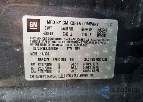 2018 Chevrolet Trax 1Lt из США, поврежденный, VIN KL7CJPSB1JB590858